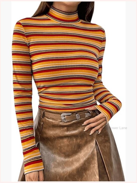 Tops - Long Sleeve Mock Neck Slim Fit Striped T-Shirt Top